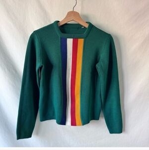 Vintage Colorful Rainbow Green Striped Sweater Size Small
